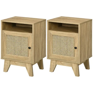 HOMCOM Bedside Table Set of 2, Side End Table with Rattan Element, Shelf and Cupboard, 39x35x60cm, Natural