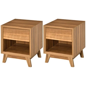 HOMCOM Contemporary Nightstand Duo, Bedroom End Table with Storage Drawer & Lower Shelf, Living Room Side Table, Set of 2, Walnut Brown