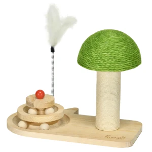 PawHut Mushroom Cat Scratching Post with Play Balls, Feather Toys for Indoor Play, Scratch Activity Centre, Natural Beige
