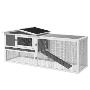 PawHut Rabbit Hutch and Run Outdoor Bunny Cage Wooden Guinea Pig Hide House with Sliding Tray, Hay Rack, Ramp, 156 x 58 x 68cm, Grey
