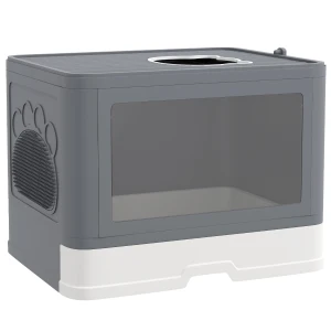PawHut Enclosed Cat Litter Box with Lid, Front Entry, Top Exit, Drawer Tray, Scoop, Brush, 48.5 x 38 x 36.5cm, Grey