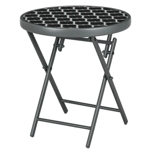 Outsunny Î¦45cm Outdoor Side Table, Round Folding Patio Table with Imitation Marble Glass Top, Small Coffee Table, Black