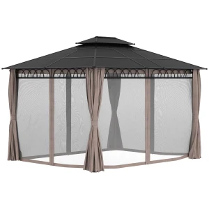 Outsunny 3.6 x 3 (m) Outdoor Polycarbonate Gazebo, DoubleÂ Roof Hard Top Gazebo with NettingsÂ &Â Curtains for Garden, Lawn, Patio