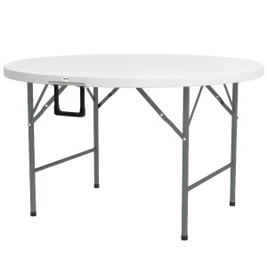 Outsunny Î¦122 Folding Garden Table, Outdoor HDPE Round Picnic Table for 6, Patio Table with Metal Frame, White