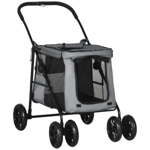 PawHutÂ Foldable PetÂ StrollerÂ One Click Dog Pushchair Cat Travel Carriage w/ EVA Wheels, Mesh Windows for Small Pets, Grey
