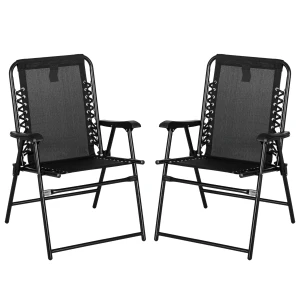 Outsunny Patio Folding Chair Set, 2 Pcs Outdoor Portable Loungers with Armrest, Steel Frame, Ideal for Camping, Pool, Beach, Black