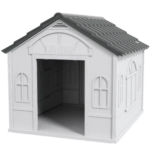 PawHut Durable Weatherproof Plastic Dog House, Outdoor Pet Shelter, Easy to Clean, Grey