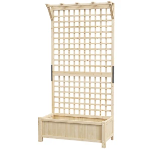Outsunny Raised Bed with Drainage Holes, Wood Planter with Trellis for Climbing Plants to Grow Vegetables, Flowers, Natural