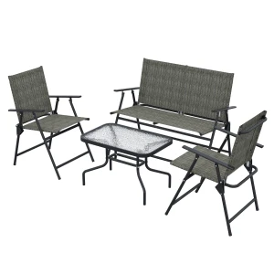 Outsunny 4 Pcs Patio Furniture Set w/ Breathable Mesh Fabric Seat, Backrest, Garden Set w/ Foldable Armchairs, Loveseat, Glass Top Table, Mixed Brown