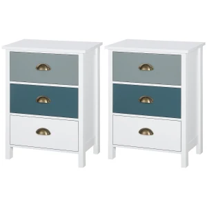 HOMCOM Bedside Table Set of 2 Chest of 3 Drawers Shabby Chic Nightstands with Metal Handle Sofa Side Table for Living Room, Bedroom,Grey and blue