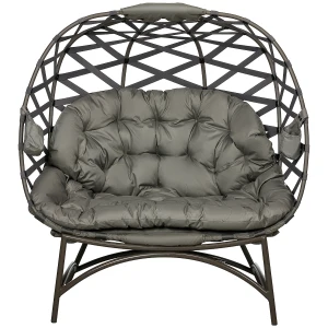 Outsunny 2 Seater Egg Chair Outdoor, Folding Weave Garden Furniture Chair with Cushion, Cup Pockets - Sand Brown