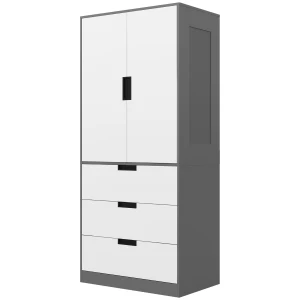 HOMCOM Wardrobe with 2 Doors, Modern Closet with 3 Drawers, Hanging Rod, Bedroom Storage, Grey