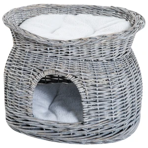 PawHut Wicker Cat House, 2-Tier Elevated Pet Bed Basket, Willow Kitten Tower with Washable Cushions, 56x37x40cm, Grey