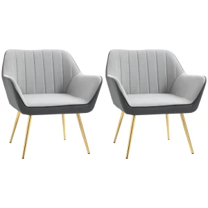 HOMCOM Set of 2 Velvet Armchairs, Golden Steel Legs Upholstered Accent Chairs, Modern Vanity Chairs for Living Room, Bedroom, Light Grey