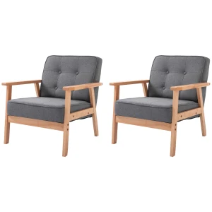 HOMCOM Reception Retro Accent Chair Beech Wood Frame Armchair Occasional Living Room Reception Bedroom Balcony Conservatory Padded, Set of 2, Grey