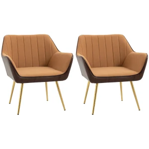 HOMCOM Velvet Armchairs, Upholstered Accent Chairs with Golden Steel Legs, Modern Vanity Chairs for Living Room and Bedroom, Set of 2, Light Brown