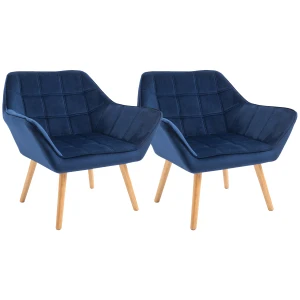 HOMCOM Armchair Accent Chair Wide Arms Slanted Back Padding Iron Frame Wooden Legs Home Bedroom Furniture Seating Set of 2 Blue