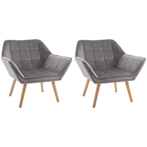 HOMCOM Set of 2 Accent Chairs, Armchair with Wide Arms, Slanted Back, Iron Frame & Wooden Legs, Grey