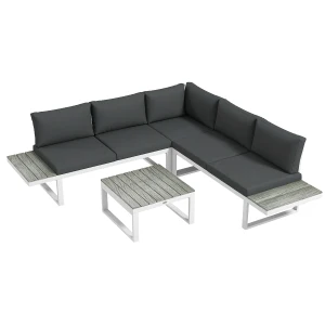 Outsunny 4 Pcs Patio Garden Set w/ 5-Level Recline Corner Sofa, Garden Lounge Sectional Conversation Sofa Set w/ Cushions, Coffee Table, White