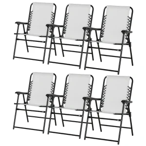 Outsunny Set of 6 Patio Folding Chair Set, Garden Portable Chairs w/ Armrest, Breathable Mesh Fabric Seat, Backrest, for Camping, Beach, Cream White