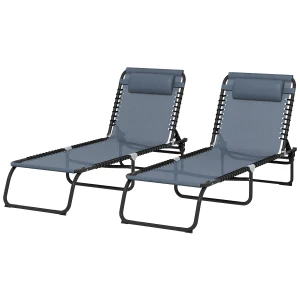 Outsunny Folding Sun Lounger, 2 Pcs Beach Chaise Chair Garden Cot Camping Recliner with 4 Position Adjustable, Grey