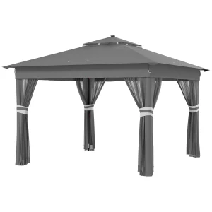 Outsunny 3 x 3(m) Pop Up Gazebo Party Tent with Solar-Powered LED Lights, Adjustable Event Shelter with Curtain, Netting, Grey