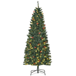 HOMCOM 6FT Prelit Artificial Pencil Christmas Tree with Warm White LED Light, Red Berry, Holiday Home Xmas Decoration, Green