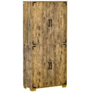HOMCOM Farmhouse Style Tall Cupboard 4-Door Cabinet with Storage Shelves for Bedroom & Living Room, Rustic Wood Effect