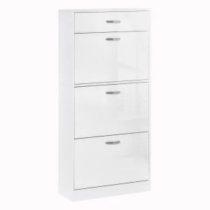HOMCOM Shoe Cabinet with 4 Drawers Storage High Gloss Cupboard with Flip Doors Pull Down Furniture Unit with Adjustable Shelves for 18 Pairs White