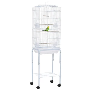 PawHut Metal Parrot Cage with Breeding Stand, Feeding Tray, Mobile Wheels for Parakeet Bird Care, Spacious Interior, Snow White