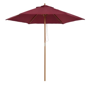 Outsunny Wooden Garden Parasol, 2.5m Outdoor Umbrella Sun Shade with Pulley System, Wine Red
