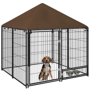 PawHut Outdoor Dog House Kennel with Water-resistant Roof Lockable Mesh Metal Cage Steel Fence, 141 x 141 x 121 cm
