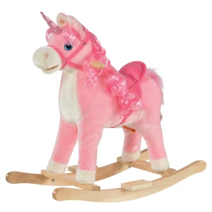 HOMCOM Unicorn Rocking Horse for Kids, Plush Ride On with Sound Effects, Soft, Pink