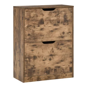 HOMCOM Wooden 2 Drawer Shoe Cabinet, Industrial Hallway Storage Organiser with Flip Doors, Adjustable Shelf, Rustic Brown