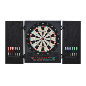 HOMCOM Electronic Dartboard In Case LED Scoreboard w/ 12 Darts 30 Heads Side Storage Cabinet Classic Game Family Fun Game Black White