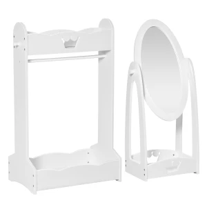 HOMCOM Children's Dressing Area Set with 360Â° Rotatable Mirror, Clothes Hanging Rail, and Storage Shelves, White