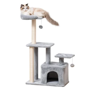 PawHut Cat Climbing Tower, 114cm Tall Activity Centre with Sisal Scratching Posts, Perch, Hanging Ball, Condo, Light Grey