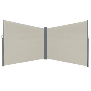 Outsunny Patio Retractable Double Side Awning, Folding Privacy Screen Fence, Privacy Wall Corner Sun Shade Wind Screen Room Divider-Cream White