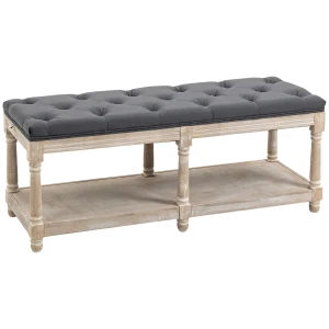 HOMCOM Vintage Shoe Rack Bench with Button Tufted Cushion, 2 Tier Wooden Hallway Seat, Grey