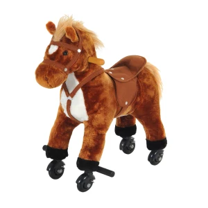 HOMCOM Plush Rocking Horse for Kids, Wooden Action Pony with Wheeled Walking Riding and Sound, Brown
