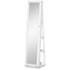HOMCOM Lockable Jewellery Cabinet with 360Â° Swivel Base, Full-Length Mirror & Built-In Smaller Mirror, White