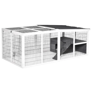 PawHut Indoor Outdoor Wooden Rabbit Hutch Small Animal Cage Rabbit Run Cover, with Hinge roof and Water-repellent Paint, Grey