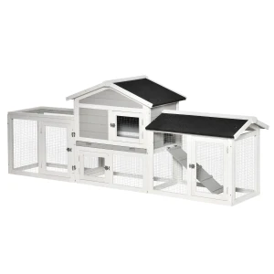 PawHut 2 Tier Wooden Rabbit Hutch Small Pet House Bunny Run Cage with Pull Out Tray Ramps Lockable Doors Large Run Area Asphalt Roof for Outdoor Grey