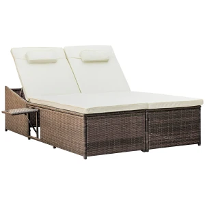 Outsunny 2 Seater Double Rattan Sun Lounger Recliner Day Bed Outdoor Wicker Weave Furniture Sofa w/ Fire Retardant Cushions â€“ Cream
