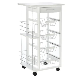 HOMCOM Multi-Use Kitchen Island Trolley w/ 4 Baskets 2 Side Racks Drawer Worktop 4 Wheels Worktop Food Storage Smooth Rolling Compact Furniture White