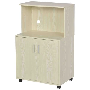 HOMCOM Kitchen Microwave Stand, Modern Storage Trolley Cart, Sideboard with Cabinet, Locking Wheels, Shelf, Oak Tone