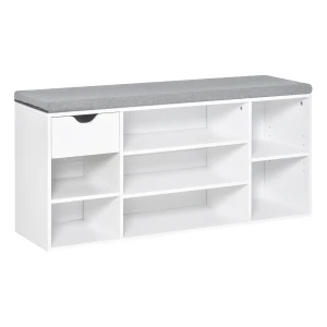 HOMCOM Shoe Storage Bench with Cushion, 7 Compartments, Adjustable Shelves, Drawer, White and Grey