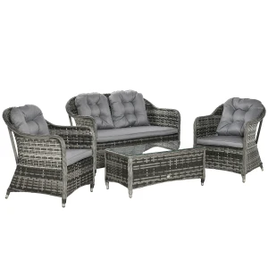 Outsunny 4-Seater PE Rattan Wicker Sofa Set Outdoor Conservatory Furniture Lawn Patio Coffee Table w/ Cushion - Grey