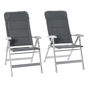 Outsunny 2 Pcs Patio Folding Dining Chair w/ Adjustable Back & Armrest Portable for Camping Garden Pool Beach Deck Grey