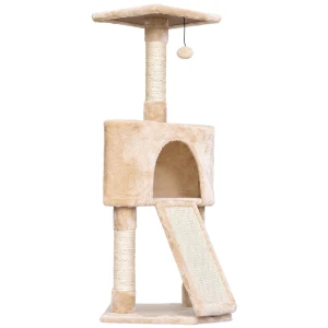 PawHut Interactive 3-Tier Cat Scratching Post with Sisal Rope and Dangle Toy for Play, Beige